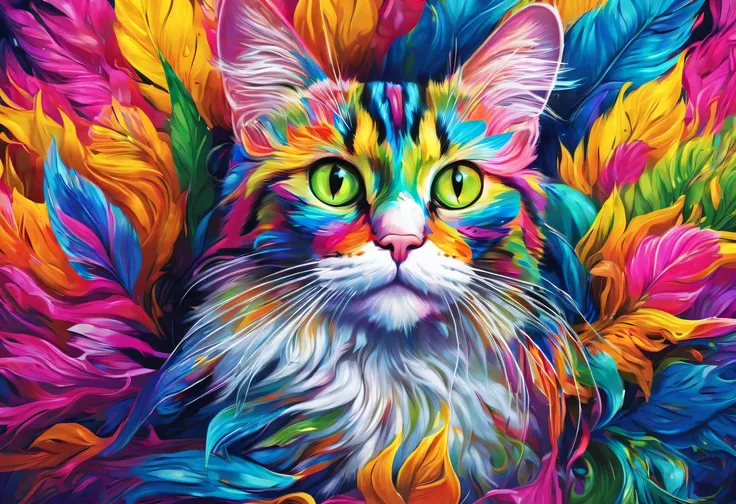 painting of a cat with a colorful face and eyes, beautiful neon cats, awesome cat, brightly colored parrot painting , colorful HD images , Digital Painting highly detailed, Detailed painting 4k, cat. Digital Painting , 4k highly detailed digital ar...