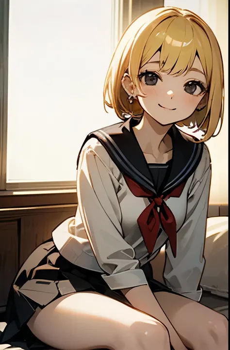 schoolgirl, smiling, looking at viewer, bob, blonde, black eyes, pale skin, white blouse, piercing, in the bedroom, cute, black skirt, school uniform, sitting, single earring ,red ribbon, sailor