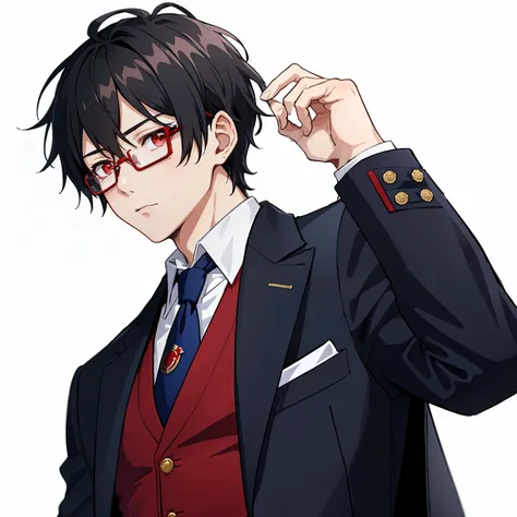 1boy, anime, unkempt_short_black_hair, navy_long_coat, red_waistcoat, black_ascot_tie, red_eyes, white_background, black_glasses, looking_at_viewer, close-up