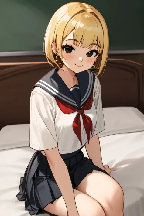 schoolgirl, smiling, looking at viewer, bob, blonde, black eyes, white blouse, in the bedroom, cute, black skirt, school uniform, sitting, single earring ,red ribbon, sailor