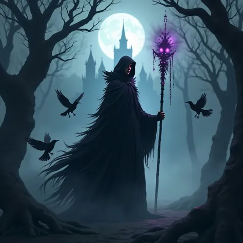  Dark magician or mysterious wanderer ,  standing in the center of a gloomy forest ,  crystal shrouded in a thick fog .  His figure is tall and slender ,  dressed in a long coat of black feathers ,  resembling the wings of a crow . the cloak flutters in th...