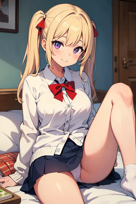  middle school girls with nutella　１４age　 A Cup Breasts　 blonde　 Long Twin Tails　 twin tails with bow　 gal　 purple eyes　smile　（（One person）） light brown upper body cardigan　 white long sleeve blouse　  lower body navy blue mini skirt 　 white panties　 white s...