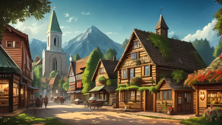 A cozy town with wooden houses,  surrounded by a lush forest . There is a large one in the city center, white church with stars instead of crosses.  fantasy style . Merchant shops can be seen on the left and right of the streets, who sell herbs, flasks, wi...