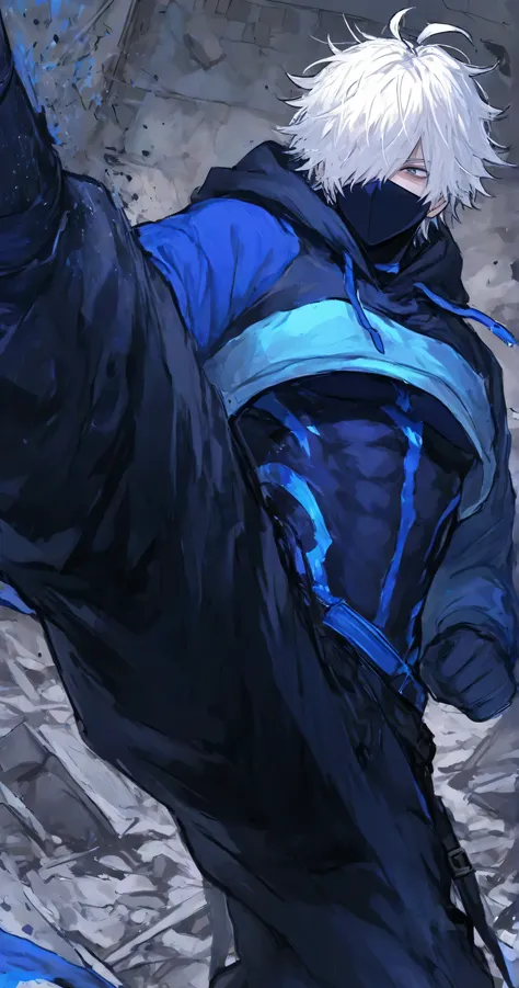 1boy, ((cropped hoodie:1.7)), ((blue and black bodysuit)), white hair, hair over one eye, messy hair, ahoge, baggy pants, side kick, black ninja mask, rubble background 