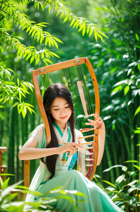 "A young girl gracefully plays a traditional Chinese harp (guzheng) beneath a canopy of tall bamboo trees. She is surrounded by lush greenery, with a serene, crystal-clear stream flowing gently nearby. The air is filled with the fragrance of vibrant, multi...