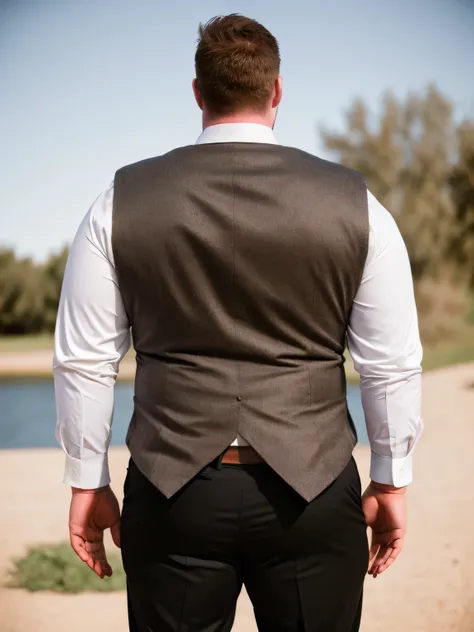 Interior wedding arrangement scene behind a European and American slightly fat man ，Weighing 250 kg ，Tall，European and American，Around 30 years old，Dark brown hair，Wearing a white shirt and dark brown blazer， black suit pants ，Man with his back to this sho...