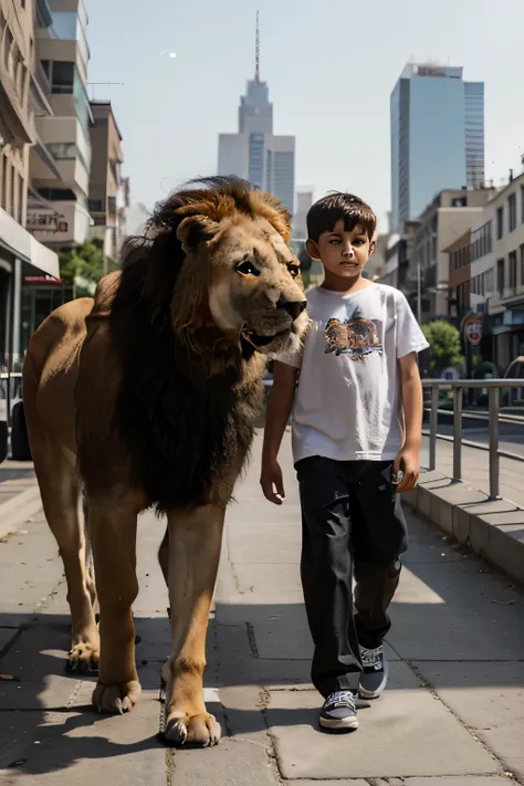 A boy walks next to a large four-legged lion animal in the city limits against an aesthetic city backdrop
