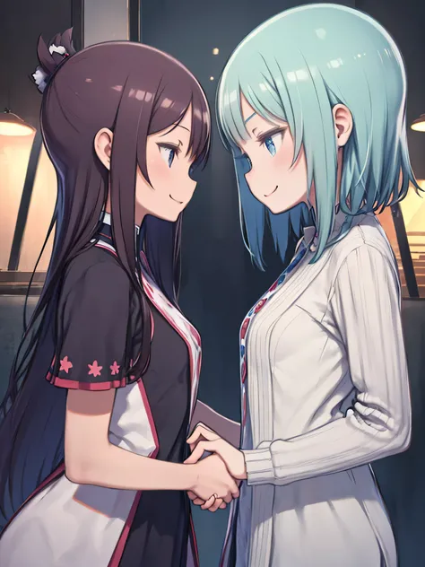 Two girls facing each other and shaking hands、smile、profile、side、Shake hands、 upper body、 accurate hand depiction、