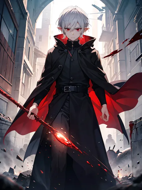 solo male on battlefield, single adult elf male, masculine, medium white hair, ruby red eyes, royalty, anger, serious, evil, black robes with red highlights, blood, snakes of blood, epic, light novel, manga, highdef, masterpiece, 4k, black reaper cloak