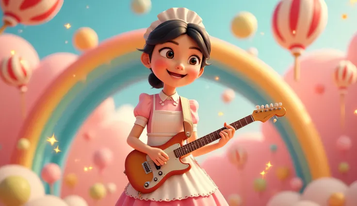 Prompt (Medium Full Shot, Playful Scene):
"close up, A kind and gentle middle-aged housemaid playfully cosplaying as a guitarist, using a broom as her guitar. She wears a pastel-colored uniform with a white apron, and her dark hair is neatly tied in a low ...