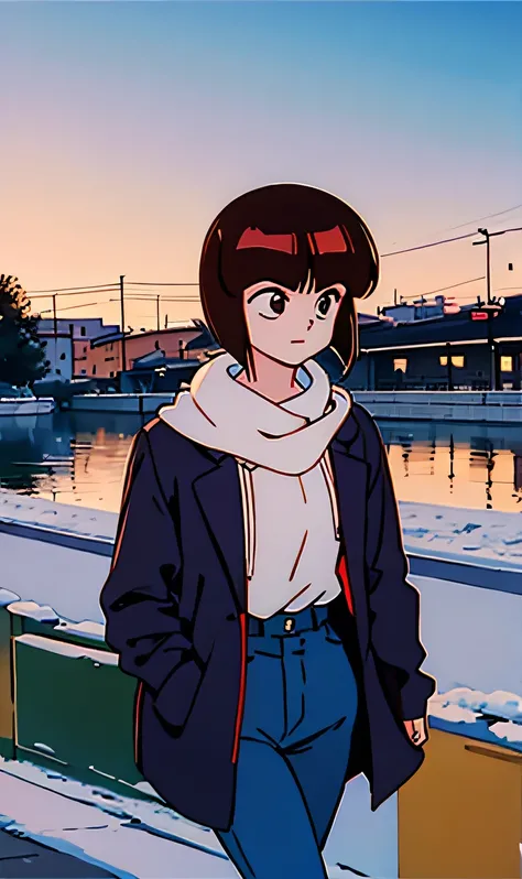 nabiki tendo with winter clothes and blue jeans walking near naviglio river in boffalora city near milan