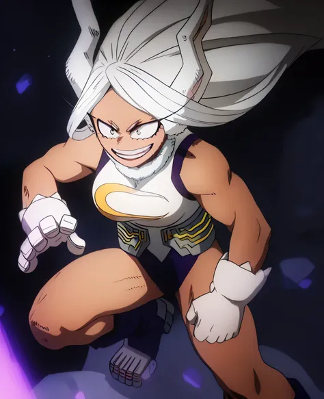  work of art,  top quality,  My Hero Academia | calm |,  dark skin,  sarcastic smile ,  Big breasts ,  of foot,  standing on rubble ,  long white hair, with white ears, heroically stepping ,  bare legs ,  legs musculature, athlete&#39;s body, suit boots  