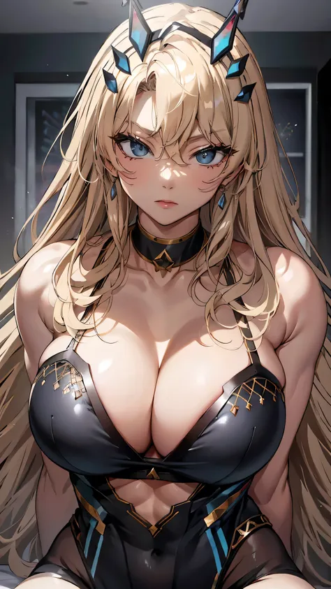 Barguest,  heterochromia,  blond hair left and right,horn,ladylike ,( big size), blanking, Chest,belly button, muscular, abs,Oil, Masterpiece, noise reduction, perfect anatomy, Hi-Res,  super detailed,  super detailed face, game cg, Dutch Angle , Beautiful...