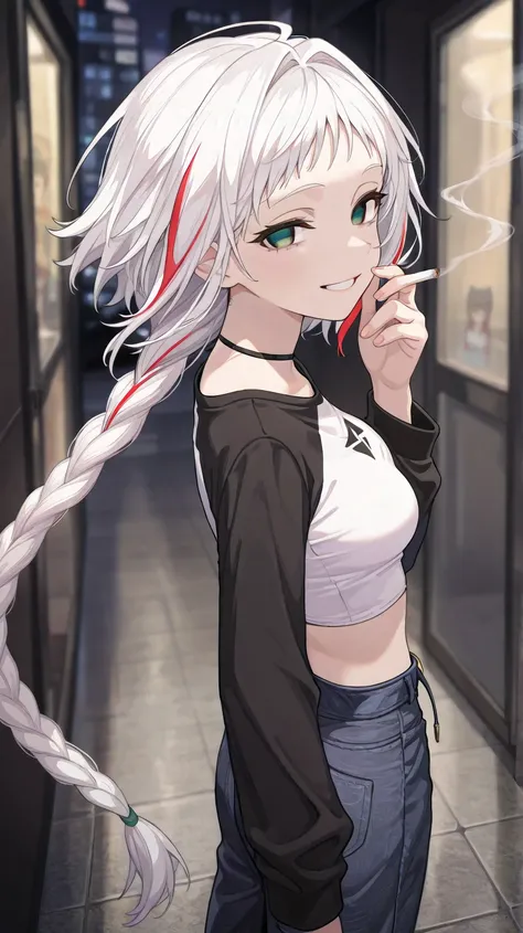 (Extremely detailed 8k unity ), female, white hair with few red highlights strands,  single long braid starts below the neck and all the way down the end of the back knee, blank topaz eyes,blurred face, solo, emerald eye color both empty eyes,  anatomicall...