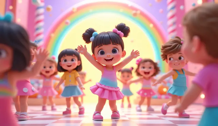 Prompt (Medium Full Shot, Joyful Dance Scene):
"A cute and adorable  girl, Uwu, dancing happily with a group of her friends. She wears a colorful candy-themed outfit, featuring a pastel pink and blue dress with candy patterns, matching accessories, and pla...