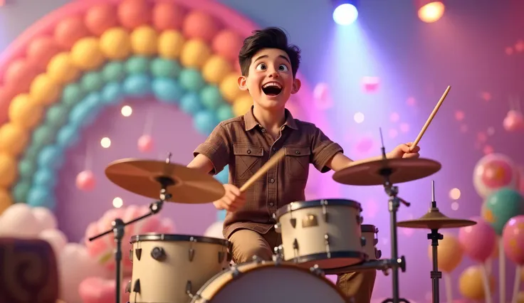 Prompt (Medium Full Shot, Playful Drum Performance Scene):
"A kind and caring father in his mid-30s, with short black hair, cosplaying as a drummer. He wears a casual brown checkered shirt with rolled-up sleeves, khaki pants, and comfortable loafers. Sitti...