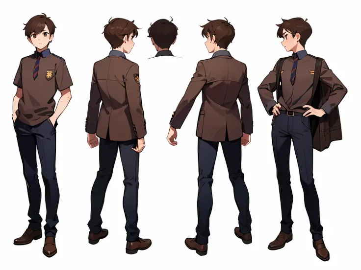 Full body, 3 View Drawings, Front and back and side. Simple white background. One cool boy, Brown hair, mans school uniform. Standing.