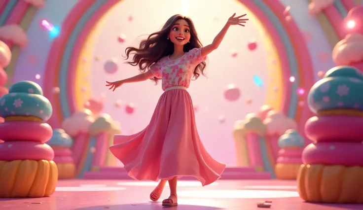 Prompt (Medium Full Shot, Cheerful Dance Scene):
"A loving and warm mother with long loose wavy hair, joyfully dancing on a colorful stage. She wears a floral print T-shirt, a pink pastel long skirt, and matching pink sandals. Her expression is full of hap...