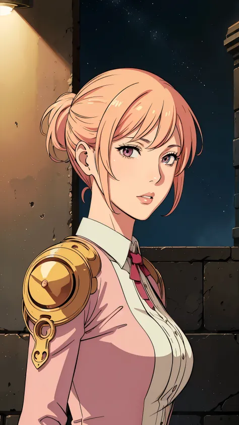 top quality , Masterpiece, upper body, woman, with blond hair fluttering like the wind , eyeliner, steampunk nude style, Light clothing, pink clothes , pink hair