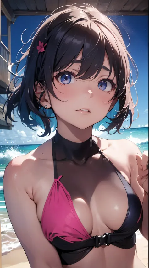 A young and beautiful Japanese woman wearing a vibrant pink bikini stands on the pristine sandy beach of a deserted island, looking directly into the camera with an intense, slightly angry expression—her brows furrowed, lips slightly pouted, and hands firm...