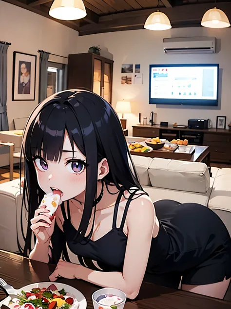  black hair、Fair skin、 double teeth、 anime illustration、A Round face and eyes,Alone, Hi-Res,  top quality, (I'm eating yogurt:1.4)、 living room 、 character profile,  Widescreen , 