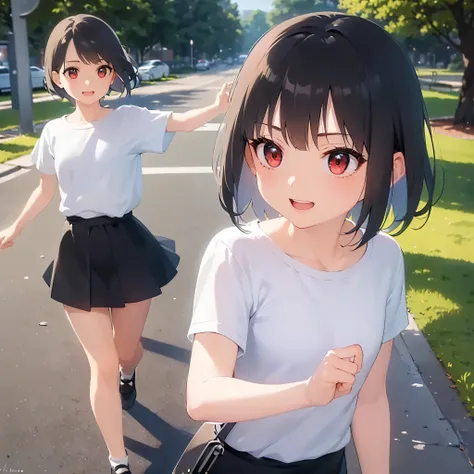 running, (looking away:1.5), side angle, masterpiece, best quality, detailed, Masterpiece, Great detailed pictures, RAW photo, photorealistic, realistic, real person, upper body,  s、(hair with black bangs) and (red eyes) and (A five year old girl: 1.5) and...