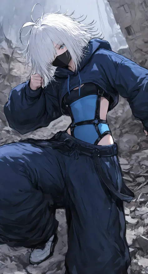 ((cropped hoodie:1.4)), black sports bra, ((blue leotard)), white hair, hair over one eye, messy hair, ahoge, medium hair, small breasts, black mask, harness, baggy pants, rubble background, side kick 