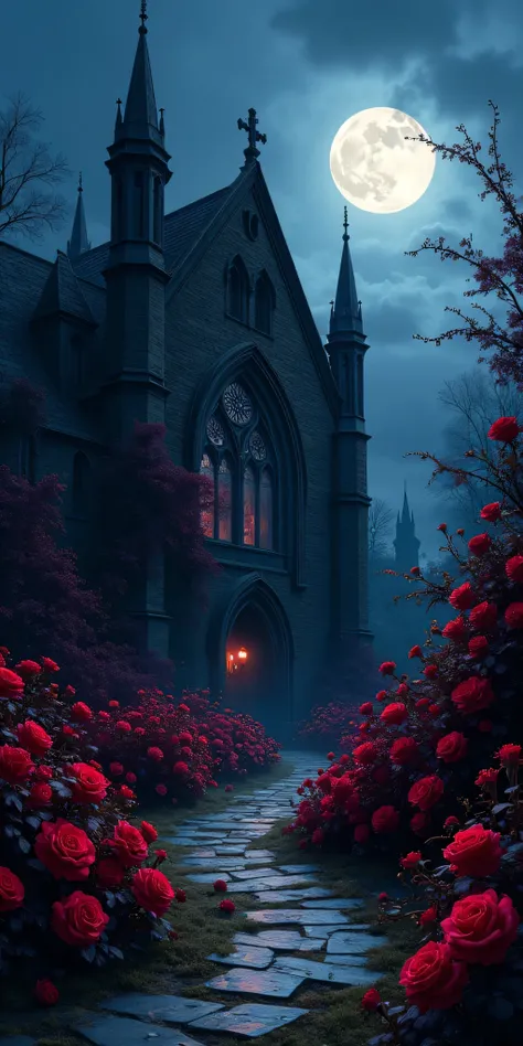 A gothic-style building, shrouded in darkness, stands amidst a flourishing garden of vibrant red roses.  Full moon casts a soft, ethereal glow, illuminating the intricate architecture of the building.  The scene is bathed in deep blues, purples, and deep r...