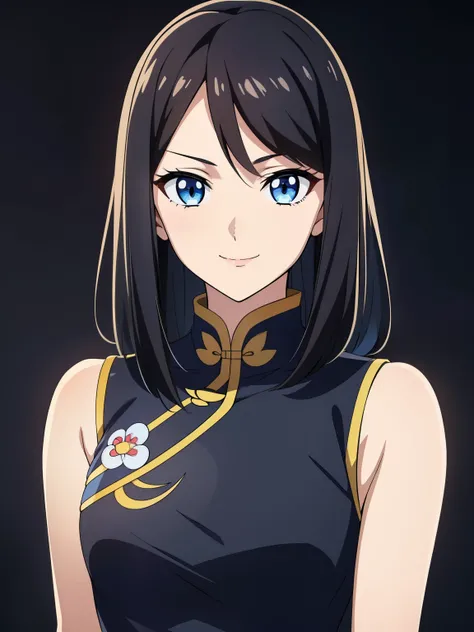 (high-quality, breathtaking),(expressive eyes, perfect face) 1girl, female, solo, black hair, medium hair length, blue eyes, cute smile, positive expresion, Gundam artstyle, black background, portrait, symmetrical eyes, chinese clothes, sleeveless, Embroid...