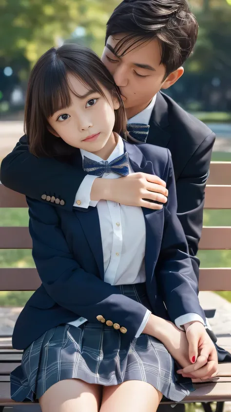   top quality,  by Nomi,  photos,  Hi-Res, 1080P, 8k, ( 、 cute middle school student,   japanese girl,,  Details), ( impressive plain dark blue large student bow tie solid color ),, (blue and navy plaid formal mini pleated skirt), ((Slightly larger、 in a p...