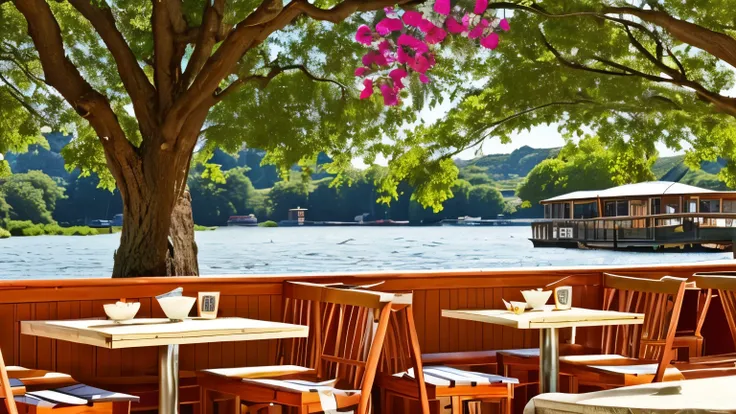 A picturesque riverside café with a cheerful, colorful ambiance. The brick walls are painted in a warm golden hue, with vibrant green window shutters. Hanging flowers in shades of bright pink, yellow, and orange cascade from the roof, creating a lively atm...