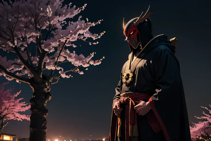 A mythical Japanese Tengu warrior, no women, wearing a red mask with a long nose, dressed in samurai-style black and red robes, golden details, standing under a glowing weeping cherry blossom tree at night, ultra-detailed, dramatic lighting