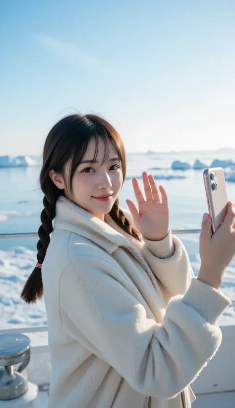 A young and beautiful Japanese woman enjoying a drift ice sightseeing tour aboard a tour boat, capturing a stunning selfie in a vertical frame. She has a warm and happy expression, her rosy cheeks glowing from the cold air as she looks at the camera. Her d...