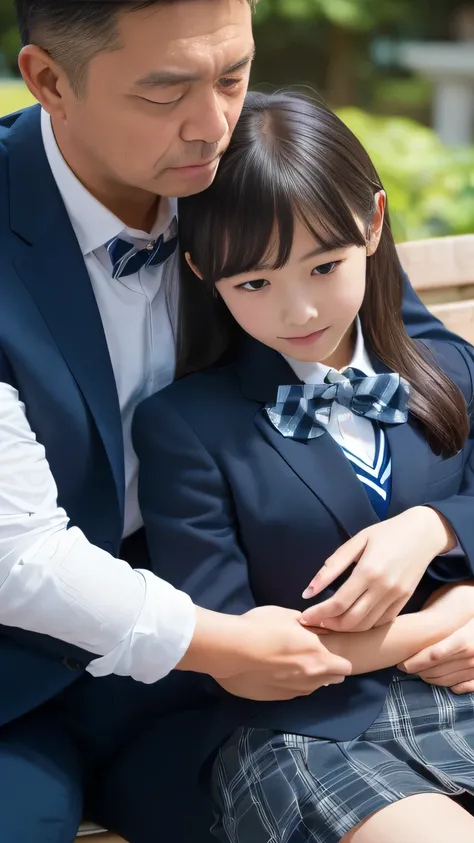   top quality,  by Nomi,  photos,  Hi-Res, 1080P, 8k, ( 、 cute middle school student,   japanese girl,,  Details), ( impressive plain dark blue large student bow tie solid color ),, (blue and navy plaid formal mini pleated skirt), ((Slightly larger、 in a p...