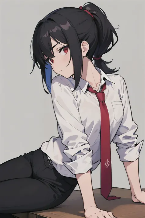 ((best quality)), ((masterpiece)), (detailed), 1girl, anime girl, A tomboy with a ponytail black hair​, red eyes, and a white shirt, red tie, and black pants.,The picture is very colorful hard​,inking hard, Sharp lines​ Background, leaning against a table