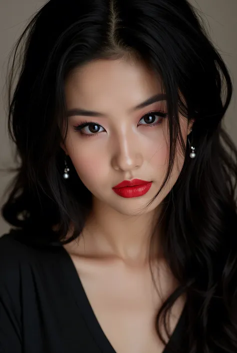 makeup, messy wavy black hair, winking with one eye, red lips, strong makeup