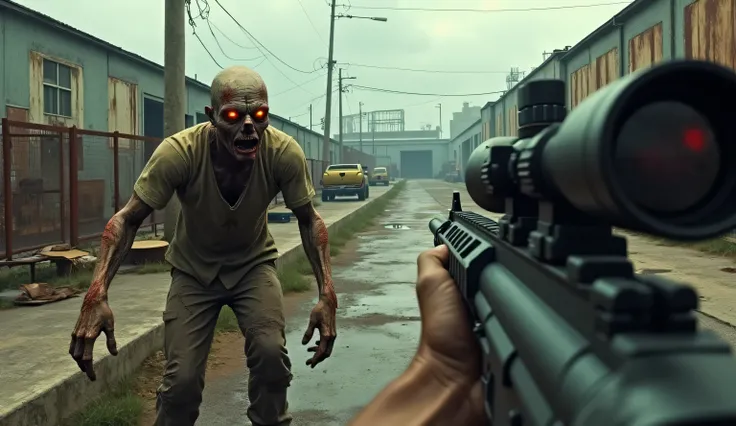 "A first-person shooter scene set in a post-apocalyptic industrial zone. The player's perspective shows a detailed assault rifle aimed at a terrifying zombie with rotting flesh, glowing eyes, and torn clothing. The zombie appears aggressive, ready to attac...