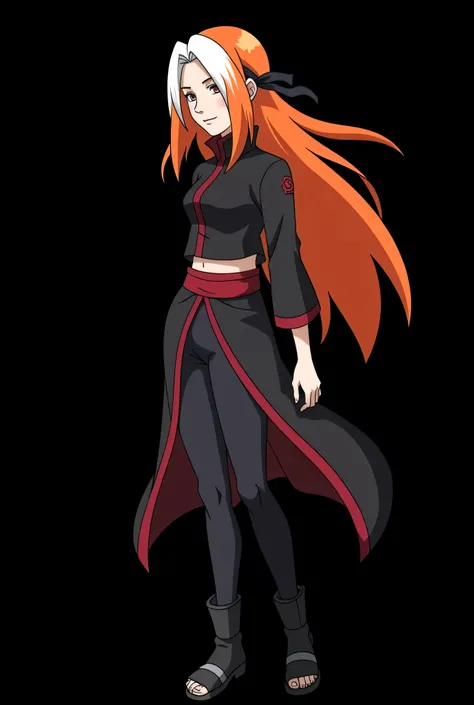 Female character of a   designed for the Naruto Classic universe, in the style of Masashi Kishimoto ,  Aparência:

Age: 12 anos

 Aparência:

hair:  long and flaming ,  with an intense orange tone that seems to shine in the sunlight .  Two white locks high...