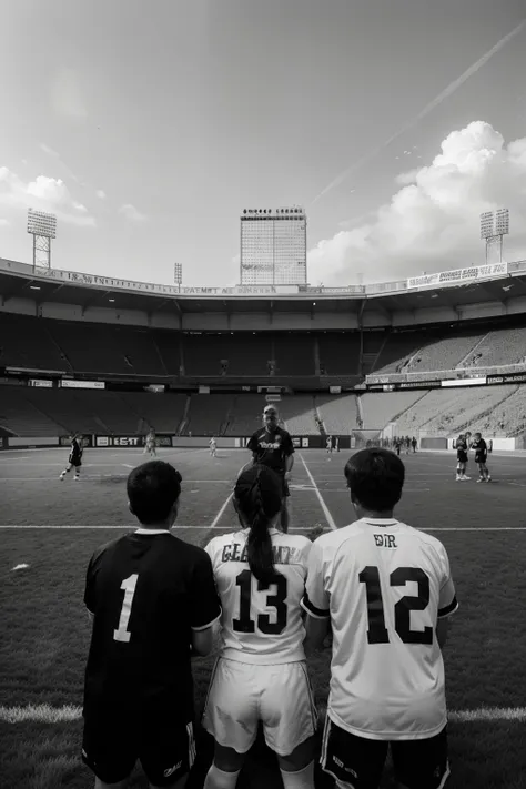 Create a black and white picture of the atmosphere of the traditional game match “Egrang” on the field featuring 2 pairs of boys and girls.  Around the field are visible spectators consisting of elderly people, agers to ren with happy expressions for simpl...