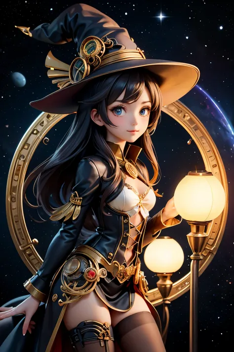 ( top quality:1.2)。steampunk。A beautiful steampunk witch、 via Ptolemy's sky navigation machine 、 observes the movement of celestial bodies 。 a magical little lamp illuminates her hand。The background is the galaxy。