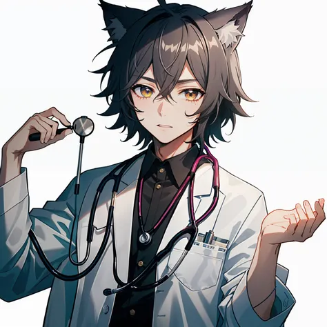 1man, anime, gray_stone_short_messy_hair, amber_eyes, cat_ears, lab_coat, stethoscope, white_background, looking_at_viewer