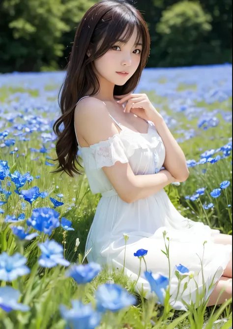 sexy sensual japanese girl, in Nemophila meadow