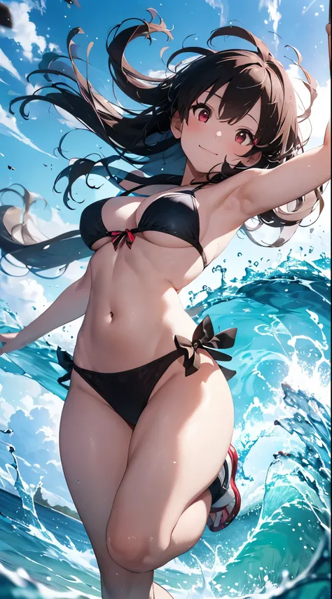 A young and beautiful Japanese woman with vivid red eyes and flowing blue hair stands on the pristine sandy beach of a deserted island, wearing a vibrant pink bikini. She is captured mid-motion, her body slightly tilted as she moves with energy and grace, ...