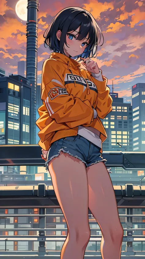  anime screenshot,  night city , moon,  1 girl completely naked, Alone,  short hair,   black hair,  orange background 、  staring at viewers , çµç¹ , Front , cowboy shot,  closed her mouth,  smirking ,  yellow sweatshirt, ,