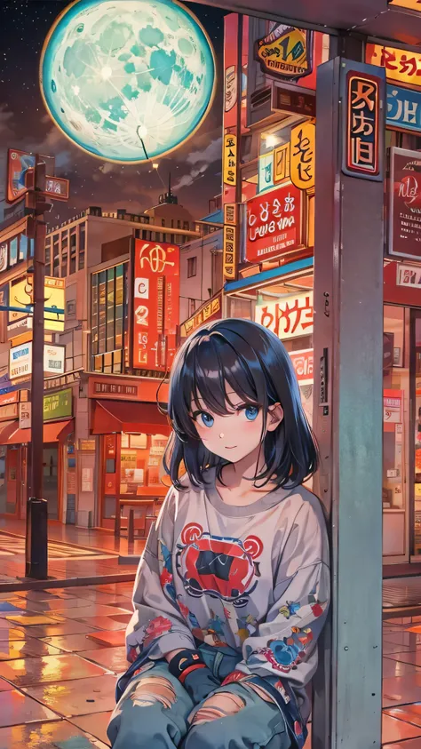  anime screenshot, night city , moon,  1 girl completely naked, Alone,  short hair,  black hair, rainbow background 、  staring at viewers , Front , cowboy shot,  closed her mouth,  smirking ,  red sweatshirt,