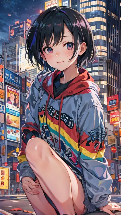  anime screenshot, night city , moon,  1 girl completely naked, Alone,  short hair,  black hair, rainbow background 、  staring at viewers , Front , cowboy shot,  closed her mouth,  smirking ,  red sweatshirt,