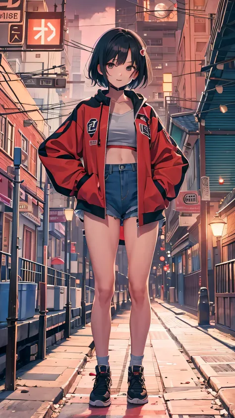  anime screenshot, night city , moon,  1 girl completely naked, Alone,  short hair,  black hair, Navy Blue Background、  staring at viewers , Front , cowboy shot,  closed her mouth,  smirking ,  red sweatshirt,