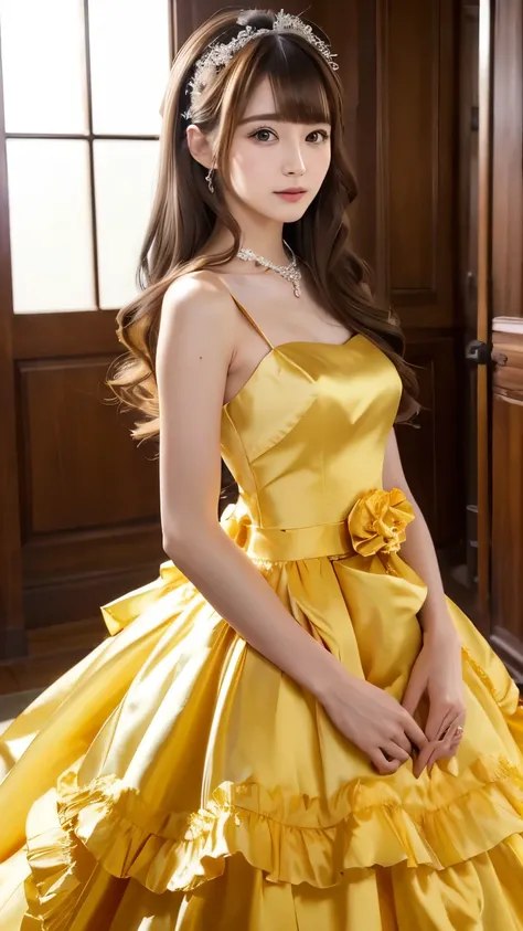 (((top quality))), (((masterpiece))), (((details))), tall, looking at camera, face-to-face, girly empire length wedding dress with deep yellow shiny silk satin ruffle, hands thrust forward, Japanese, brown hair, long hair, gorgeous room,. Gorgeous ribbon h...