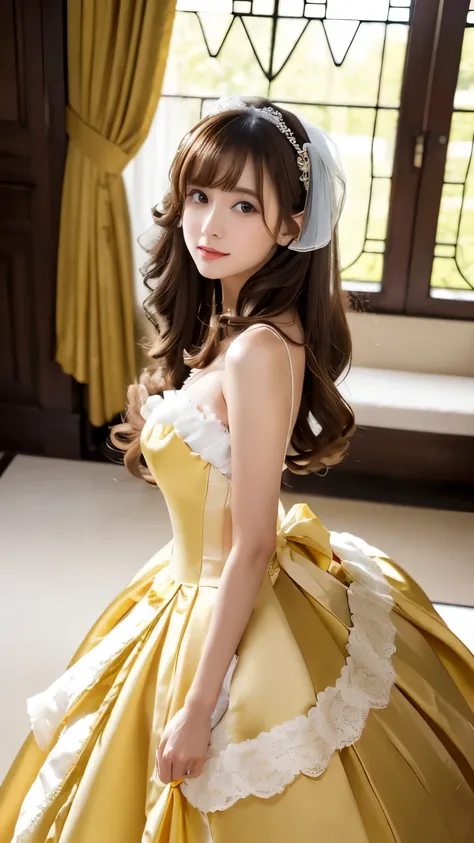 (((top quality))), (((masterpiece))), (((details))), tall, looking at camera, face-to-face, girly empire length wedding dress with deep yellow shiny silk satin ruffle, hands thrust forward, Japanese, brown hair, long hair, gorgeous room,. Gorgeous ribbon h...