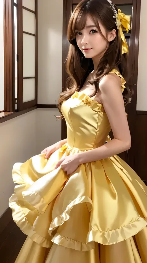 (((top quality))), (((masterpiece))), (((details))), tall, looking at camera, face-to-face, girly empire length wedding dress with deep yellow shiny silk satin ruffle, hands thrust forward, Japanese, brown hair, long hair, gorgeous room,. Gorgeous ribbon h...